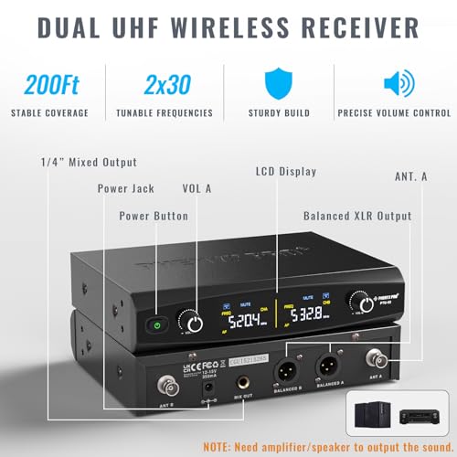 Phenyx Pro UHF Wireless Microphone System w/ 2x30 Tunable Frequencies, Metal Cordless Mic Set, 200 ft Range,2 Bodypacks & Headsets/Lapel Mics for Speaking, Singing, Church, DJ (PTU-52-2B)