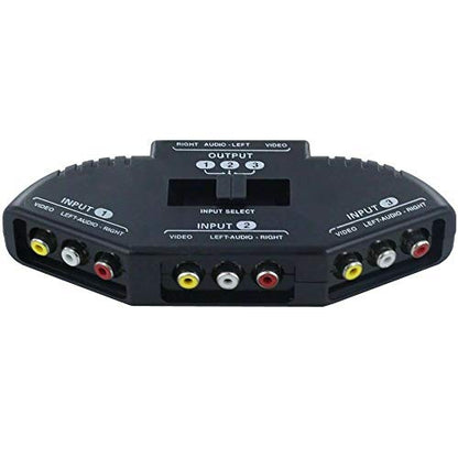 Black 3 Port AV Composite RCA Selector Box Switch Splitter w/Cable Cord Plug