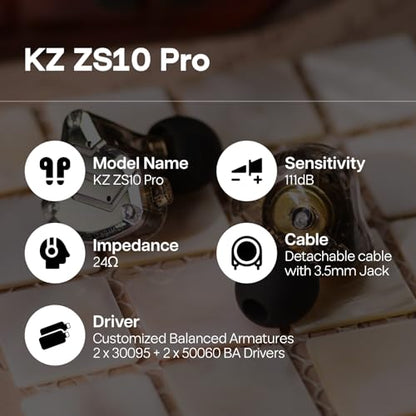 Linsoul KZ ZS10 Pro, 4BA+1DD 5 Driver in Ear Monitor, HiFi Wired Earbuds, Gaming Earbuds, Hybrid IEM Earphones with Stainless Steel Faceplate, Detachable Cable for Musician(Without Mic, Black) - color: Black, style: Without Mic