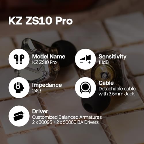 Linsoul KZ ZS10 Pro, 4BA+1DD 5 Driver in Ear Monitor, HiFi Wired Earbuds, Gaming Earbuds, Hybrid IEM Earphones with Stainless Steel Faceplate, Detachable Cable for Musician(with Mic, Black) - color: Black, style: With Mic