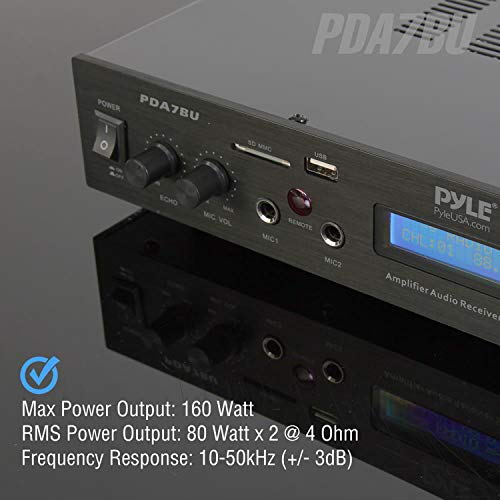 Pyle Bluetooth Home Theater Amplifier - 200 Watts into 5 Channels with Subwoofer Out, Easy Karaoke - Dual Mic, Wireless Streaming, USB/SD with MP3 player, RCA Input, FM Radio, LCD Display - PDA7BU
