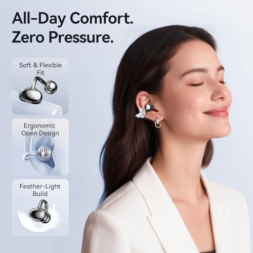 Kinglucky Gen2 Clip-On Earbuds with Butterfly Earrings, Black | Charge & Store Without Removing Earrings, Comfortable Fit, 50H Playtime, Open-Ear Bluetooth Headphones, For Women, Small Ears - color: Black