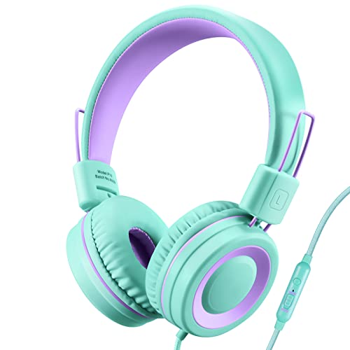 POWMEE P10 Kids Headphones with Microphone Stereo Headphones for Children Boys Girls,Adjustable 85dB/94dB Volume Control Foldable On-Ear Headphone with Microphone for School/PC/Cellphone(Green) - color: Green