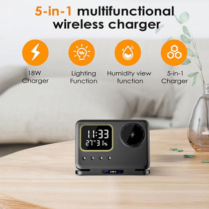 IHAO 5in1 Multi Functional Wireless Charging Station Digital Clock 15W Fast Charging Temperature Display Wireless Charger for All Qi Phone and TWS Headphone Compliant with Apple Watch-DH15 White - color: 5IN1 Wireless Charger Alarm Clock DH15 White