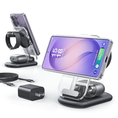 Meifigno 3 in 1 Foldable Wireless Charging Station for Samsung, Magnetic Charger Stand with On/Off Night Light for Galaxy S26/S25/Z Fold 7/Z Flip 7, Watch Charger for Galaxy Watch Ultra 8, for Buds