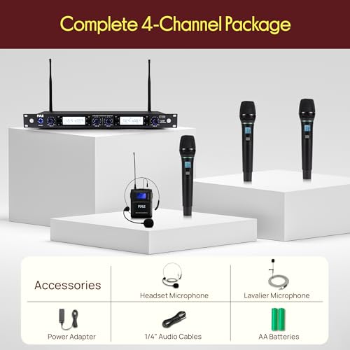 Pyle 4 Channel UHF Wireless Microphone System with 3 Handheld Mics, Lavalier & Headset Mic, 300 Ft Range, Selectable Frequencies & Rack Mount Receiver for Conferences, Hosting, Church & PA Systems - style: 4-Channel Handheld-Headset-Lavalier