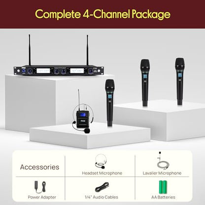 Pyle 4 Channel UHF Wireless Microphone System with 3 Handheld Mics, Lavalier & Headset Mic, 300 Ft Range, Selectable Frequencies & Rack Mount Receiver for Conferences, Hosting, Church & PA Systems - style: 4-Channel Handheld-Headset-Lavalier