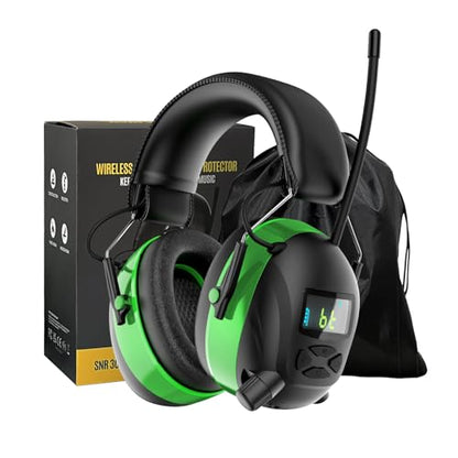 Bluetooth 6.0 AM/FM Hearing Protection, Radio Headphones with Digital Display, 30 SNR Noise Reduction Safety Earmuffs with Rechargeable 2000 mAh Large Battery, Ear Protector for Mowing Lawn Work - color: Green