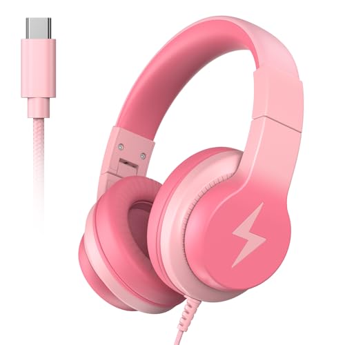 Candy Bila USB C Kids Headphones for School,Wired Over-Ear for Boys Girls | 85dB Safe Volume, Stereo Sound, Adjustable headband, Foldable ,Compatible USB-C Plug iPads,Tablets, Laptops, Light Pink - color: Light Pink