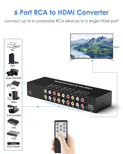 6 Port RCA to HDMI Converter, Dual AV to HDMI Converter Supports 16:9/4:3 Composite to HDMIAdapter Support 1080P PAL/NTSC Compatible with Sega/Xbox/PS1/PS2/PS3/WII/N64/VHS, VCRs, and DVD Players - size: 6 Port RCA to HDMI Converter