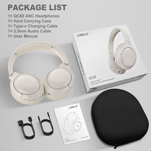LORELEI QC60 Hybrid Active Noise Cancenlling Headphones,Wireless Over Ear Bluetooth Headsets with mic,100H Playtime ，3 EQ Mode Deep Bass, Memory Earmuffs,for Travel Home Office(Beige White) - color: Beige White