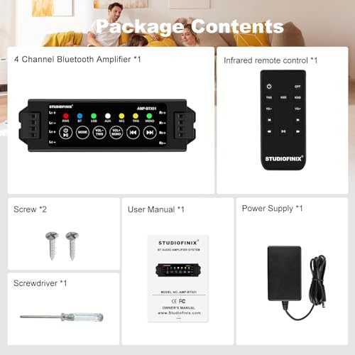 STUDIOFINIX 4-Channel Mini Amplifier with Wireless App & Infrared Remote Control, Bluetooth 5.0, USB/MIC/AUX/TWS Inputs and Power-Off Memory for Ceiling/Wall/Bookshelf/Garage