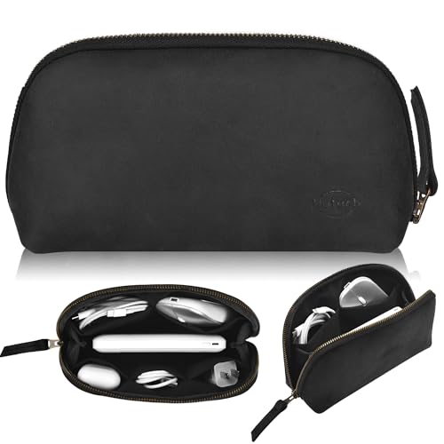 Leather Tech Pouch for Cables Chargers Phone | Tech Bag | Zipper Travel Accessory Pouch | Electronic Organizer Case Travel Bag (Black) - color: Black