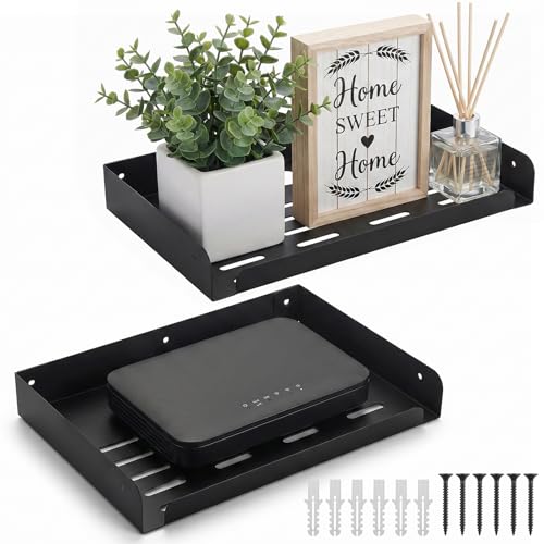 2 Pcs Metal Floating Shelf 12" x 8" Heavy Duty Wall Mounted Shelf | Metal Floating Shelf Deep Display Shelf for TV Components Router Game Console DVD Player Cable Box with Cable Management