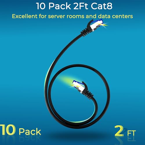 Rapink Patch Cables Cat8 2ft 10 Pack Slim, Cat8 Ethernet Patch Cable 40G Support, Snagless Cat 8 Patch Cable for Patch Panel to Switch, Flexiable Cat 8 Ethernet Cable Datacenter with Gold Plated - size: 2ft, style: 10 Pack
