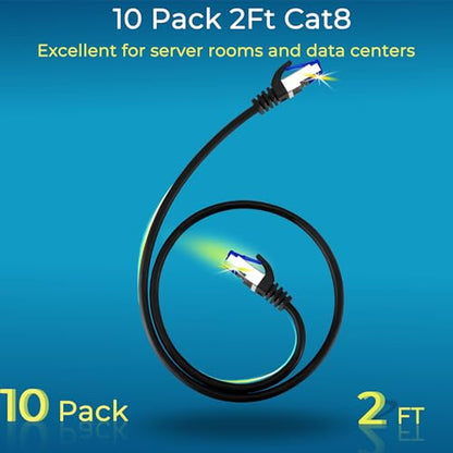Rapink Patch Cables Cat8 2ft 10 Pack Slim, Cat8 Ethernet Patch Cable 40G Support, Snagless Cat 8 Patch Cable for Patch Panel to Switch, Flexiable Cat 8 Ethernet Cable Datacenter with Gold Plated - size: 2ft, style: 10 Pack