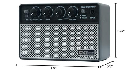 Rechargeable Wireless BT Mini Bass Guitar Amplifier 10 Watt Practice Amp 10,000Ah Battery, BT or Aux Input, Headphone Out, Clean, Gain, Tone & Volume Knobs, Dual Full Frequency Speakers