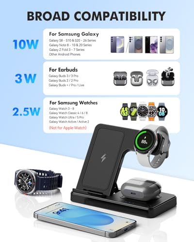3-in-1 Charging Station for Samsung, Foldable Wireless Charger Stand | Android Phone and Watch Charger for Samsung S26/S25/S24/S23/S22/S21, Note 20/10, Z Fold 6/5, Galaxy Buds and Watch-Black - color: Black 9