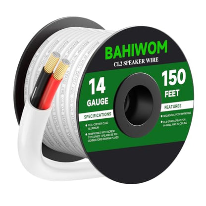 White Speaker Wire 14 Gauge 150FT CL2 Rated CCA Speaker Cable | Flexible PVC Jacket 2 Conductors Red & Black Polarity Mark for Home Theater,Indoor,In-Wall,In-Ceiling & Marine - size: 150 FT, style: 14GAUGE