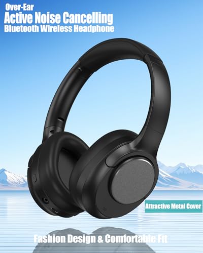 ZXQ Over Ear Hybrid Active Noise Cancelling Bluetooth Wireless Headphones,Deep Bass Hi-Fi Sound,45 Hours Long Playtime ANC Cancellation Headset with Microphone for Travel Workout,Black (Black)