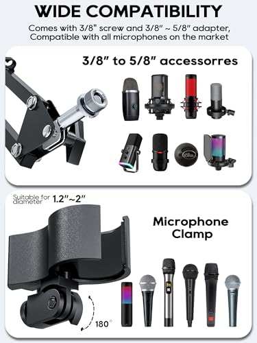 CACENCAN Boom Arm, 360° Rotatable Microphone Stand with Desk Mount, Foldable Desk Mic Arm with 3/8'' to 5/8'' Screw Adapter, Microphone Arm for Live Streaming, Gaming, Podcasting - color: Black (Overhead)