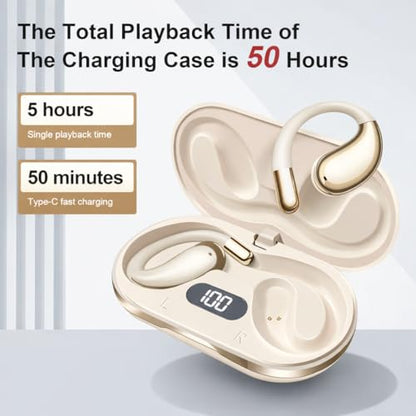 Open Ear Headphones Wireless Bluetooth 5.4, Air Conduction Wireless Earbuds with Ear Hooks and Mic, 50H LED Charging Case, IPX7 Water Resistant Sport Headphones for Running Gym Work - color: Khaki White