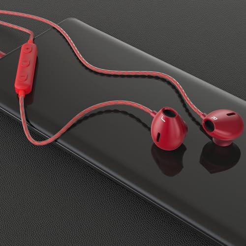 Red Wired Earbuds with Microphone, 3.5mm in-Ear Headphones for Laptop, Gaming & PS5, Volume Control, Clear Sound, Tangle-Free Cable, Earbuds with Case for Computer, PC & Android - color: Red