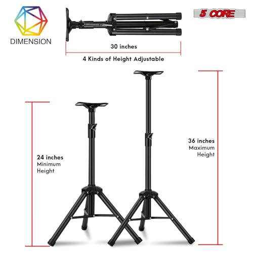 5 Core Speaker Stand Pair Universal Mount Steel Construction 132 Lb Capacity Stable Tripod w/Adjustable Height 36” w 35mm Compatible Insert Metal Safety Pin Included Bag - color: BLACK