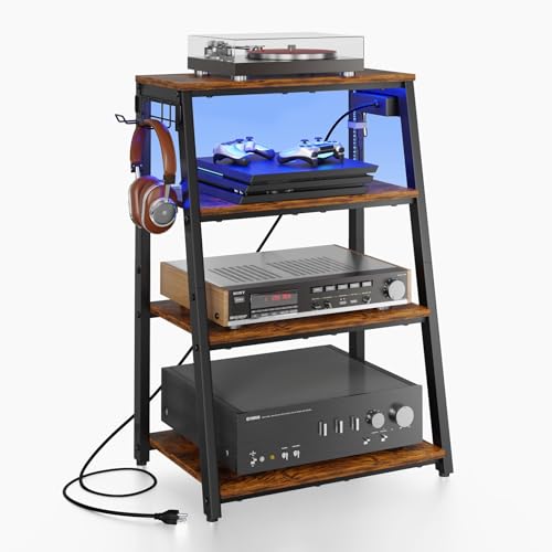 4-Tier AV Media Stand with Power Strips, Heavy Duty Stereo Cabinet Stand with LED Lights, Wooden Record Player Stand with 2 Hooks, Audio Stand Furniture Perfect for DVD Player/Game Console/TV Box/Xbox - style: With Outlet and Light