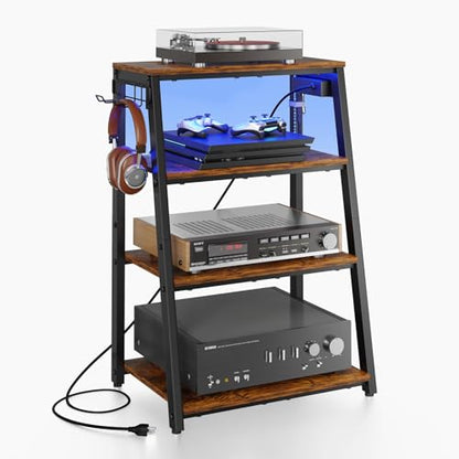 4-Tier AV Media Stand with Power Strips, Heavy Duty Stereo Cabinet Stand with LED Lights, Wooden Record Player Stand with 2 Hooks, Audio Stand Furniture Perfect for DVD Player/Game Console/TV Box/Xbox - style: With Outlet and Light