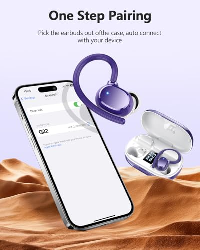 hadbleng Wireless Bluetooth Earbuds Sport 128H Playtime Bluetooth 5.3 Headphones with LED Display Powerful Bass Over Ear Earphones with Earhooks IP7 Waterproof - color: Dark purple