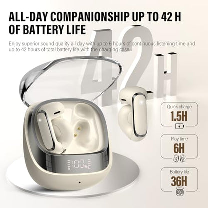 Clip On Ear Buds,Open Ear Headphones,Bluetooth 5.4 HiFi Stereo Clip Earbuds | 42H, LED Display Wireless EarBuds, Comfortable Lightweight, IP7 Waterproof Earphones, Earbud for Workout Running, White