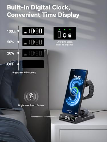 Wireless Charger for Samsung S25 with Clock 3 in 1 Android Charging Station | Charging Station for Galaxy S25 Ultra,Z Flip 7,Fold,Galaxy Bud,Watch Charger for Galaxy Watch 8,7,6,5Pro, Nightstand Charger - color: Black