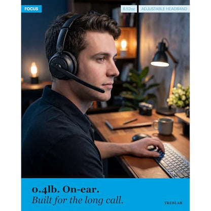 TREBLAB C7-Pro Wireless Bluetooth Headset, 60H Playtime, Bluetooth 5.3 | 40mm Drivers, Type-C Fast Charging, IPX4 Waterproof, Wireless Headset with Mic for Work, Home Office, Calls, Laptop, PC