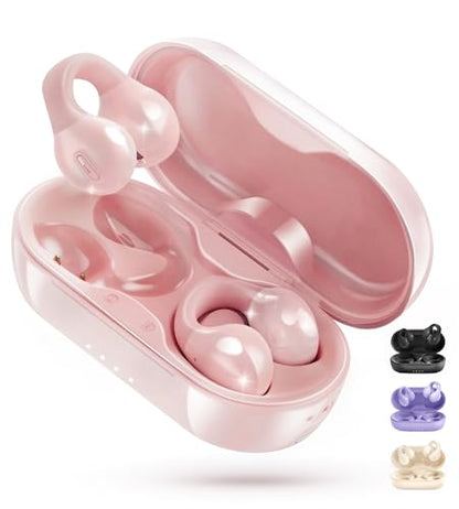 King Lucky i21 Open Ear Clip On Earbuds Wireless Bluetooth Ear Clip Headphones with Mic,Noise Cancelling, Waterproof IPX4,for Small Ears,Perfect for Running,Sports,Glasses Wearers (Pink) - color: Pink