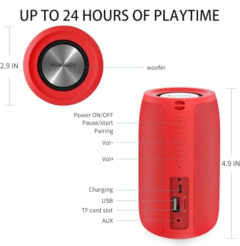 Musibaby M68 Small Rechargeable Speaker, Dual Pairing, Red | Portable, small and compact with USB playback, AUX input, FM radio, TF card playback, up to 24H and dual pairing. - color: Pure Red