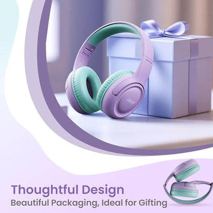 Acer 2‑Pack Kids Headphones for School, 3.5mm Jack, w/Mic HK03‑2P | 85-94dB Limiter, Foldable Wired Over Ear Headphones, for Toddler School/Tablet/iPad/PC/Travel - color: Purple Green & Blue Green