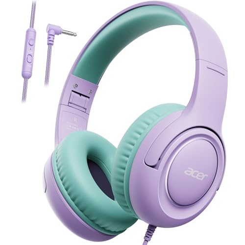Acer Kids Headphones for School, 85-94dB Limiter, 3.5mm Jack, w/Mic HK03 | Foldable Wired Over Ear Headphones, for Toddler School/Tablet/iPad/PC/Travel, Purple-Green - color: Purple Green