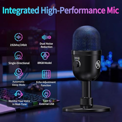 USB Gaming Condenser Microphone for PC/Desktop,192kHz/24Bit,Noise Cancellation,Monitoring,Quick Mute & RGB Lighting,USB PC Mic for Laptop,Podcast,Streaming,Recording Black