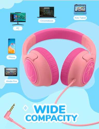 iClever 코드가 있는 아동용 헤드폰, 오버 이어 남아 여아 학교 여행용 | SafeSound Tech, 스테레오 사운드, 접이식, 조절 가능, 3.5mm 잭, 내구성, 학교용 경량 아동용 헤드폰, 코랄 핑크 - color: 핑크 코랄