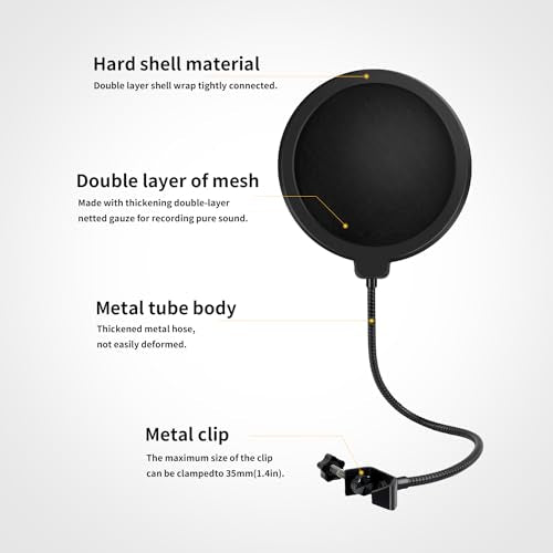 6"Mic Pop Filter with C-Clamp,360° Gooseneck Clip Stabilizing Arm for Studio | Double-layer Professional Pop Filter, For Microphone,Boom Arm,Stands