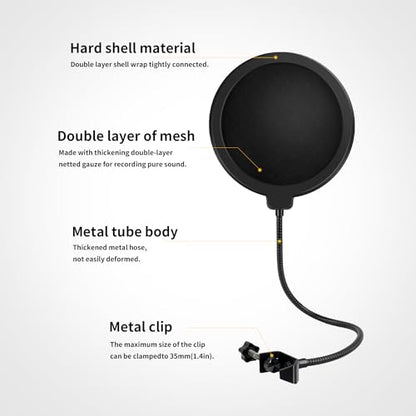 6"Mic Pop Filter with C-Clamp,360° Gooseneck Clip Stabilizing Arm for Studio | Double-layer Professional Pop Filter, For Microphone,Boom Arm,Stands