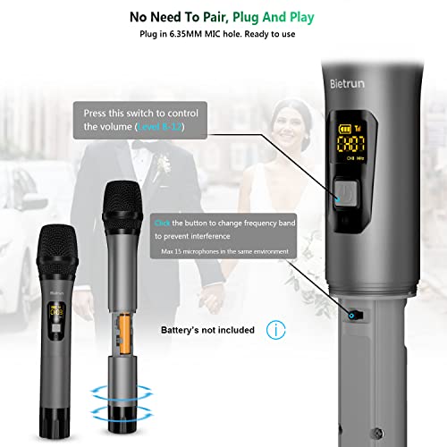 Bietrun UHF Wireless Microphone with 1/4'' Plug Rechargeable Receiver - color: Grey