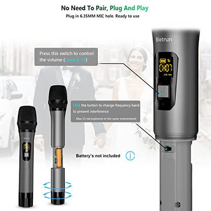 Bietrun UHF Wireless Microphone with 1/4'' Plug Rechargeable Receiver - color: Grey