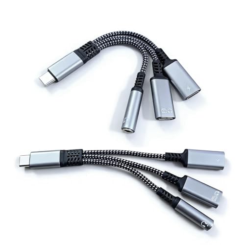 2 Pcs 3-in-1 USB-C to 3.5mm Headphone and Charger Adapter, Dual Type C Aux Splitter for iPhone 15/16 Pro/Max/Plus, Samsung Galaxy S22/S23/S24 Ultra, Huawei Mate 40/30/20