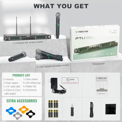 Phenyx Pro 4-Ch UHF Fixed Frequency Wireless Microphone System PTU-5000-4H | 4 Dynamic Handheld Mics, Metal Build, 260 ft Range, Singing, Church Services, Group Vocals, Small Stages