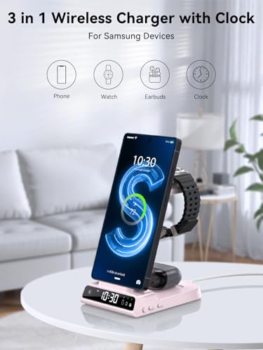 Wireless Charger for Samsung Charging Station with Clock for Samsung Galaxy S25 Ultra/S24 Ultra/Z Flip 6/5/Fold 5/Bud 2, 3 in 1 Charging Station Watch Charger for Samsung Galaxy Watch 7/6/5Pro(Pink) - color: Pink