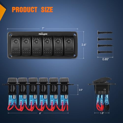 Nilight 6 Gang Rocker Switch Panel w/Purple LED Light 5Pin On Off Pre-Wired | Aluminum Toggle Switches Waterproof for 12V/24V Cars Marine Boats ATVs Trailers RV Trucks - color: Purple, size: 6 Gang