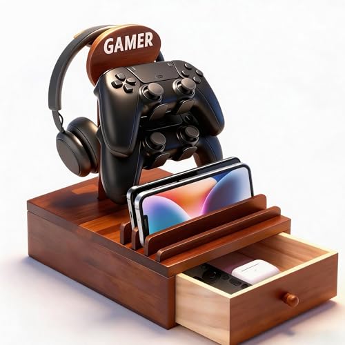 Gamer Controller Holder Headphone Stand with Storage Drawer for Gaming Equipment,Wood Gamer Gifts for Teenage Boy,Headpset Stand Gaming Desk Accessories for Fathers Day Men,Son,Husband