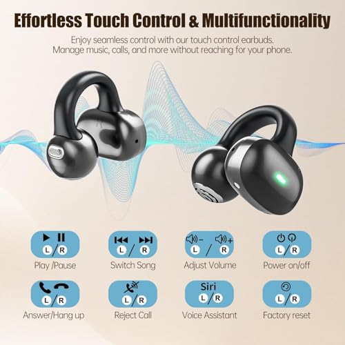 Open Ear Headphones, Bluetooth 5.4 Clip On Headphones, 40H Playtime Wireless Stereo Earbuds with LED Digital Display, Lightweight Stylish Open Earphones for Daily Use, Commuting and Travel Relax